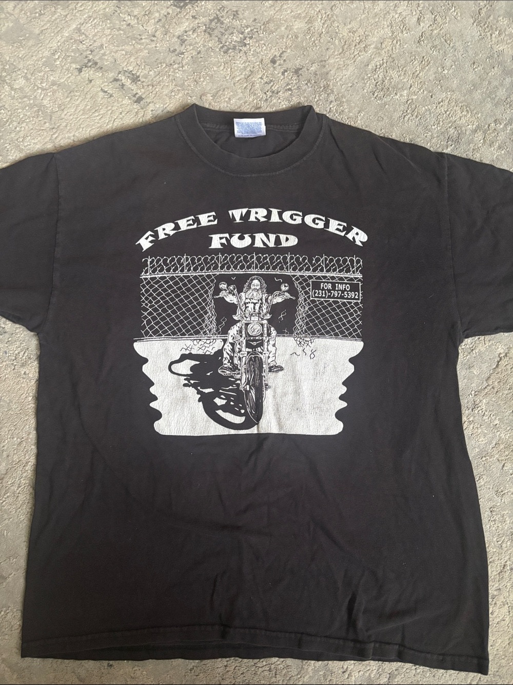 Vintage Free Trigger Fund Black Graphic Tee - Motorcycle Front Print